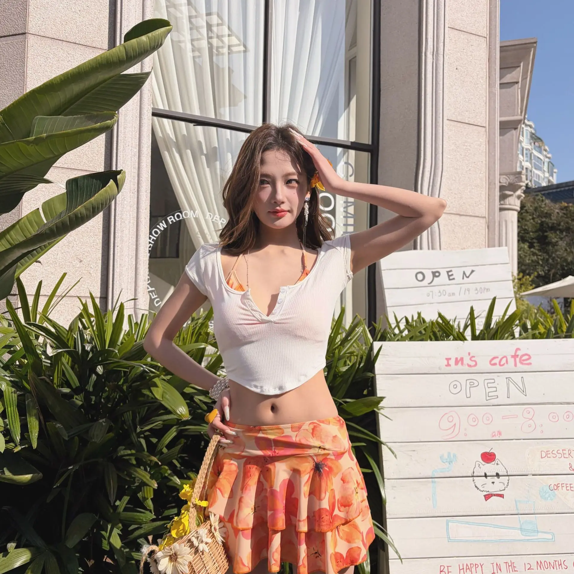 sexy orange flower print bikinis sets 4pcs with short sleeve white tops ruffles layer pleat mini skirt swimsuit swimwear biquini