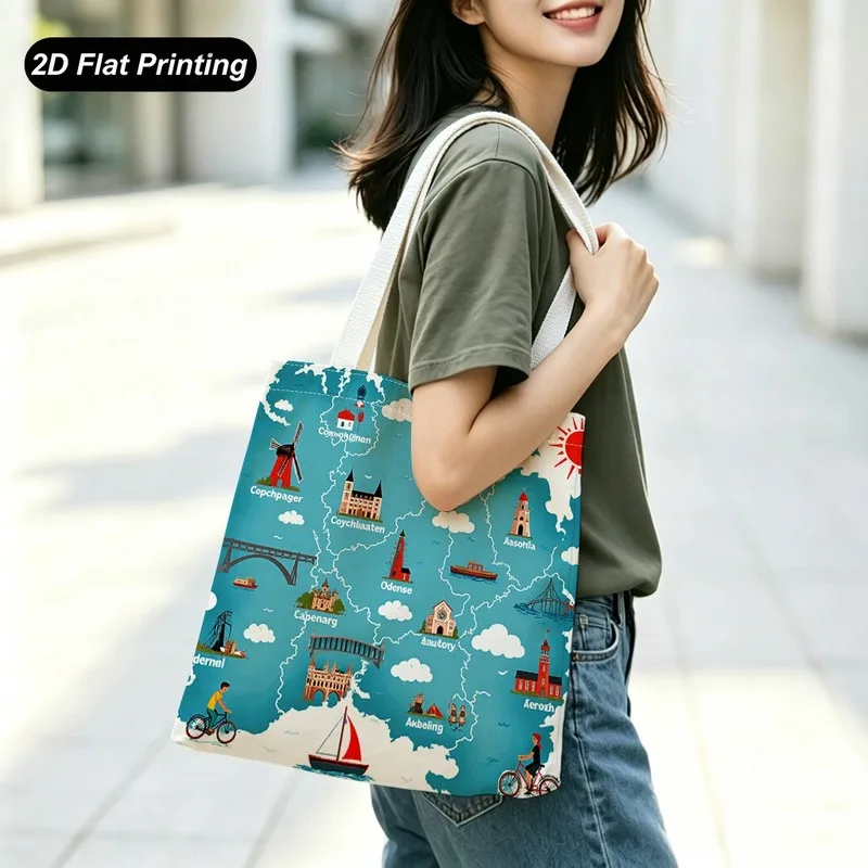 1PC【Tote Bag】2DFlat effect，Printed with landmarks and scenery from various places（Windmill、Architecture、Elements such as bridges