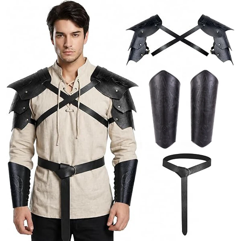 Medieval PU Leather Armor Set Pauldron Corset Waist Belt Bracers Men Viking Knight Pirate Cosplay Accessories Halloween Party view 3