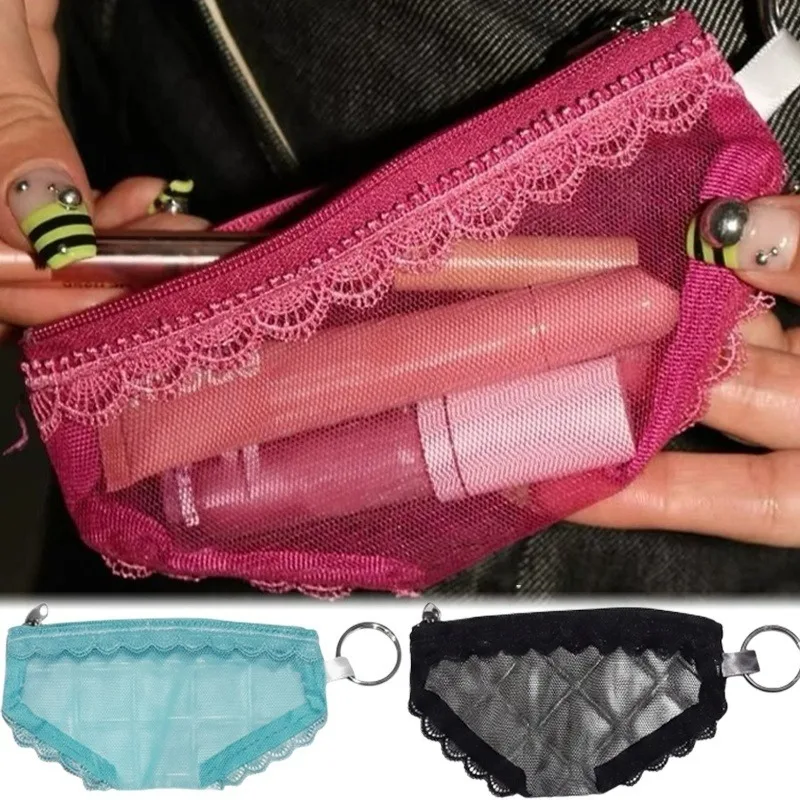 Triangle Panty Cosmetic Bag Sheer Lace Mesh Makeup Pouch Coloful Color Travel Jewely Necklace Toiletry Organizer Purse Keychain