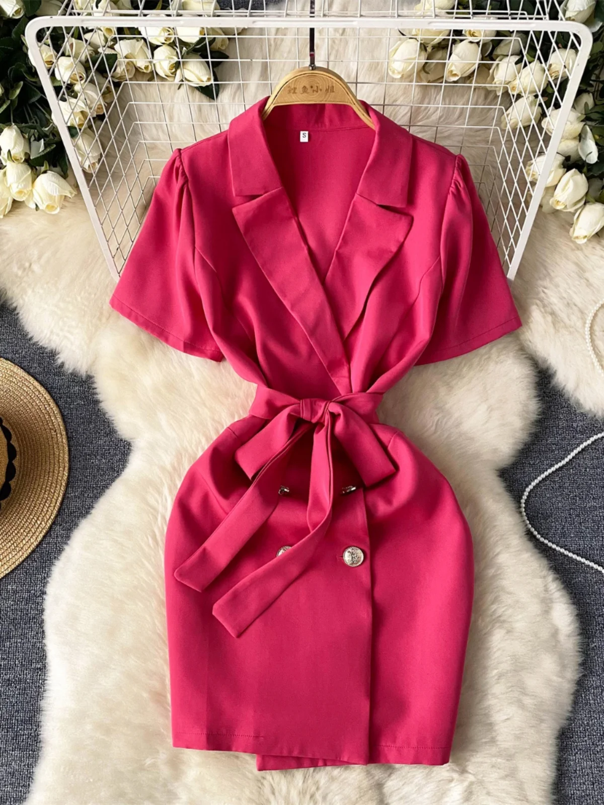 

Foamlina Summer Women Elegant Blazer Dress Solid Color Notched Collar Short Sleeve Sash Lace-up Buttons Mini Office Work Dress