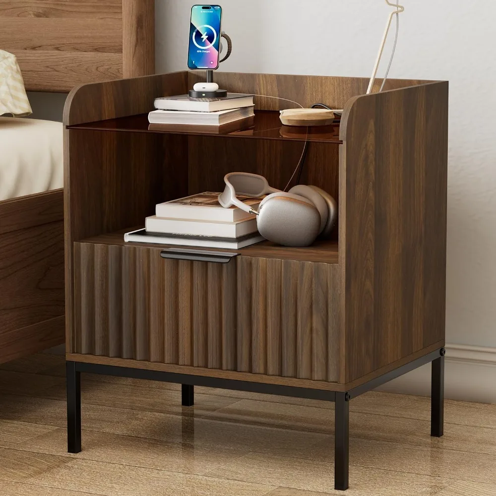 

Mid Century Modern Nightstand with Charging Station, Fluted Night Stand, Bedside Table with Glass Top & Metal Legs, Wood End Tab