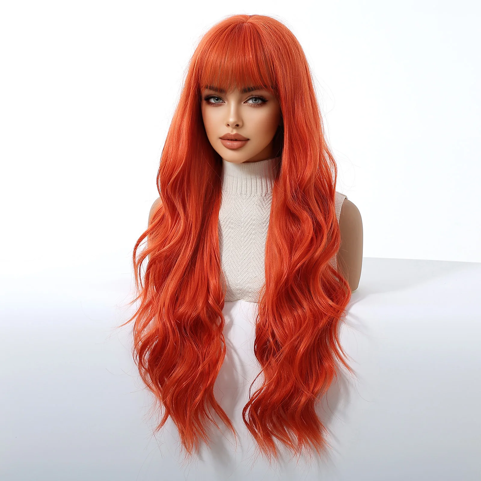 헬로윈 오렌지색 합성 물결 웨이브 롱 가발 (앞머리 포함) 여성용 내열성 파티 코스프레 가발