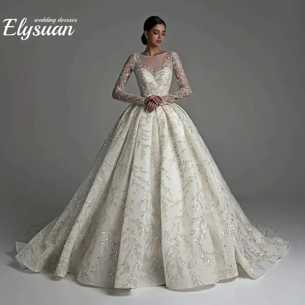 فساتين زفاف مخصصة بأكمام طويلة فساتين زفاف الأميرة الكرة ثوب الزفاف س الرقبة الدانتيل رداء دي ماري فيستدو دي نوفيا