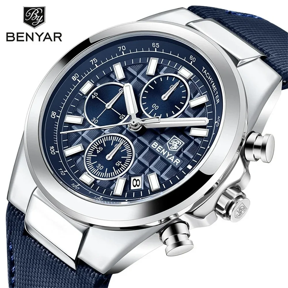 

BENYAR 5206 Классические модные новые мужские часы Кварцевые роскошные светящиеся хронографы Водонепроницаемые кожаные мужские деловые часы с календарем