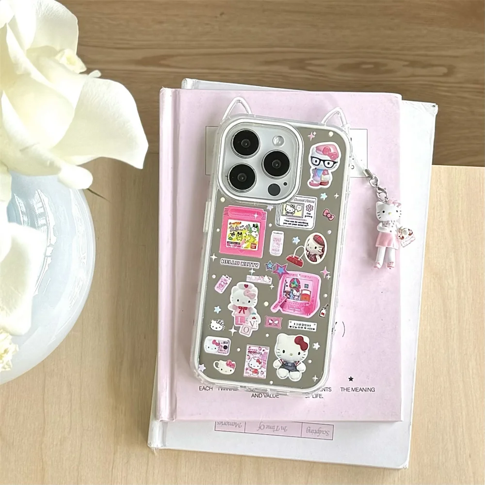 

Fashion mirror cat ear cartoon phone case for iPhone 13 15 Pro 14 16 Pro Max cover with charm Hellokitty Lovely protective cover