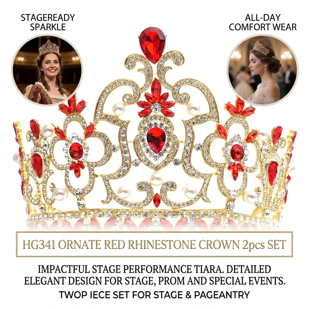 Red Alloy Rhinestone Crown Stage Performance 2 Pieces Set With Durable Electroplated Finish For Adults And Kids - view 4