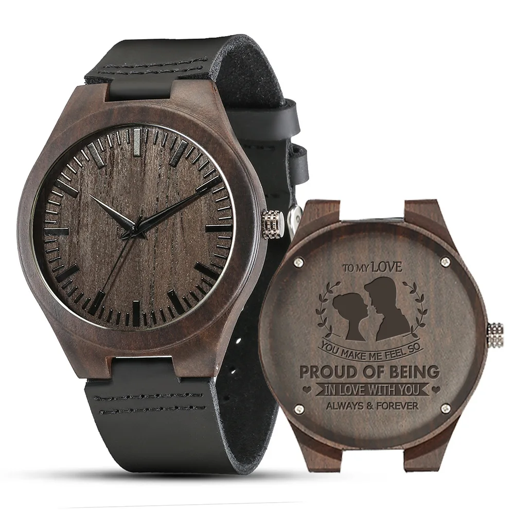 Reloj de madera de ébano con correa de cuero para hombre, cronógrafo de cuarzo, personalizado, grabado, para ocio, envío directo, novedad