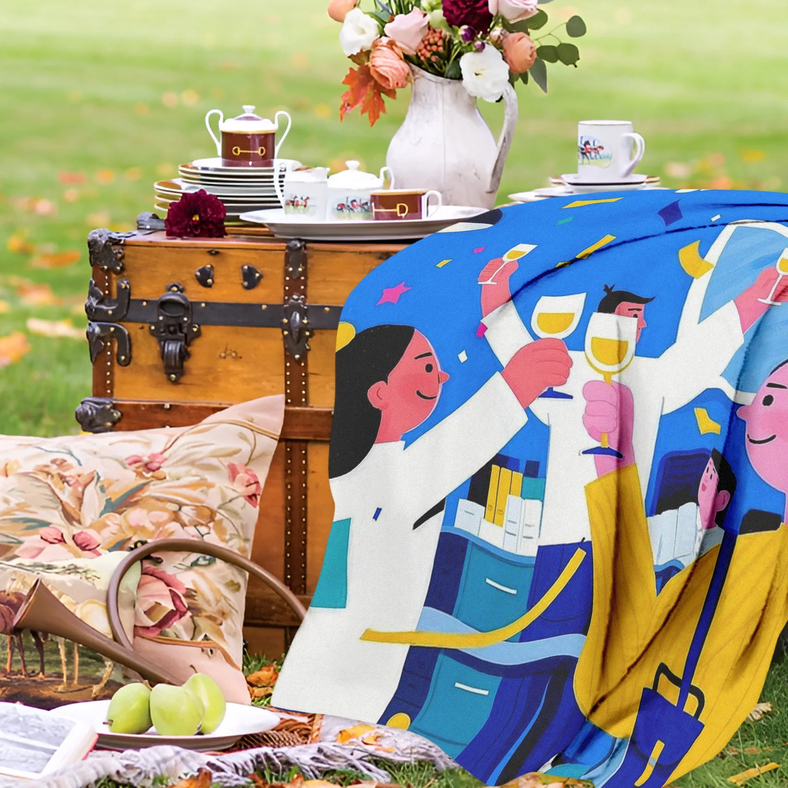 Manta caprichosa de picnic con personajes de dibujos animados para reuniones al aire libre y diversión familiar con un diseño vibrante