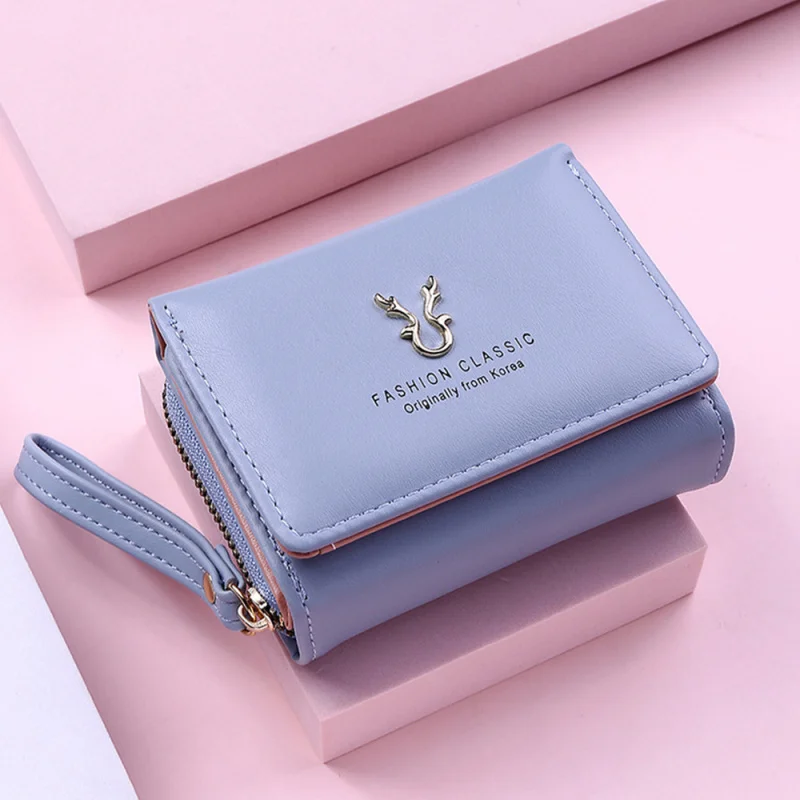 

New ladies' pursePULeather Short Antlers Wallet Zipper Coin Purse Cartoon Tri-Fold Card Holder