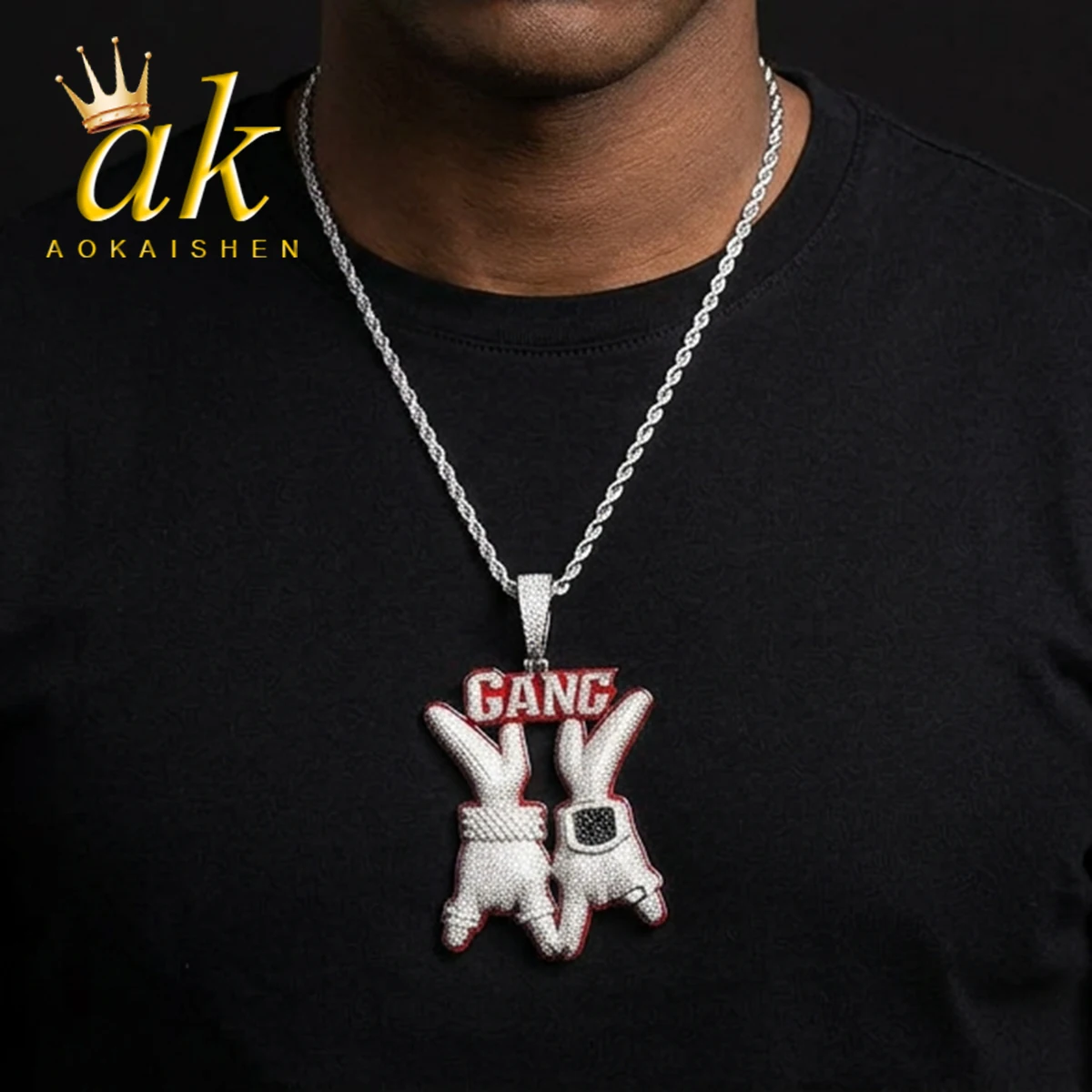 Aokaishen Iced Out Thumb Gang Necklace Pendant for Men Real Gold Plated 5A Cubic Zirconia Hip Hop Jewelry