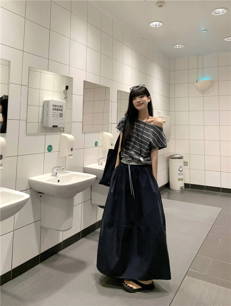 تي شيرت مخطط للفتيات من Sweet Cool Girl مع تنورة نصفية بخصر مطاطي، مجموعة صيفية جديدة من أزياء النساء، ملابس فضفاضة بأكمام قصيرة