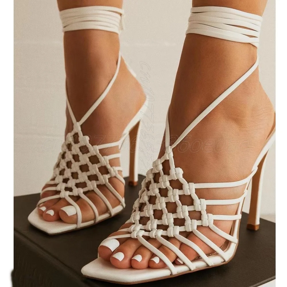 

Woven Hollow out Sandals Sexy Square Toe Lace up Shoes for Women Thin High Heels Shoes for Summer 2025 Zapatos Para Mujere
