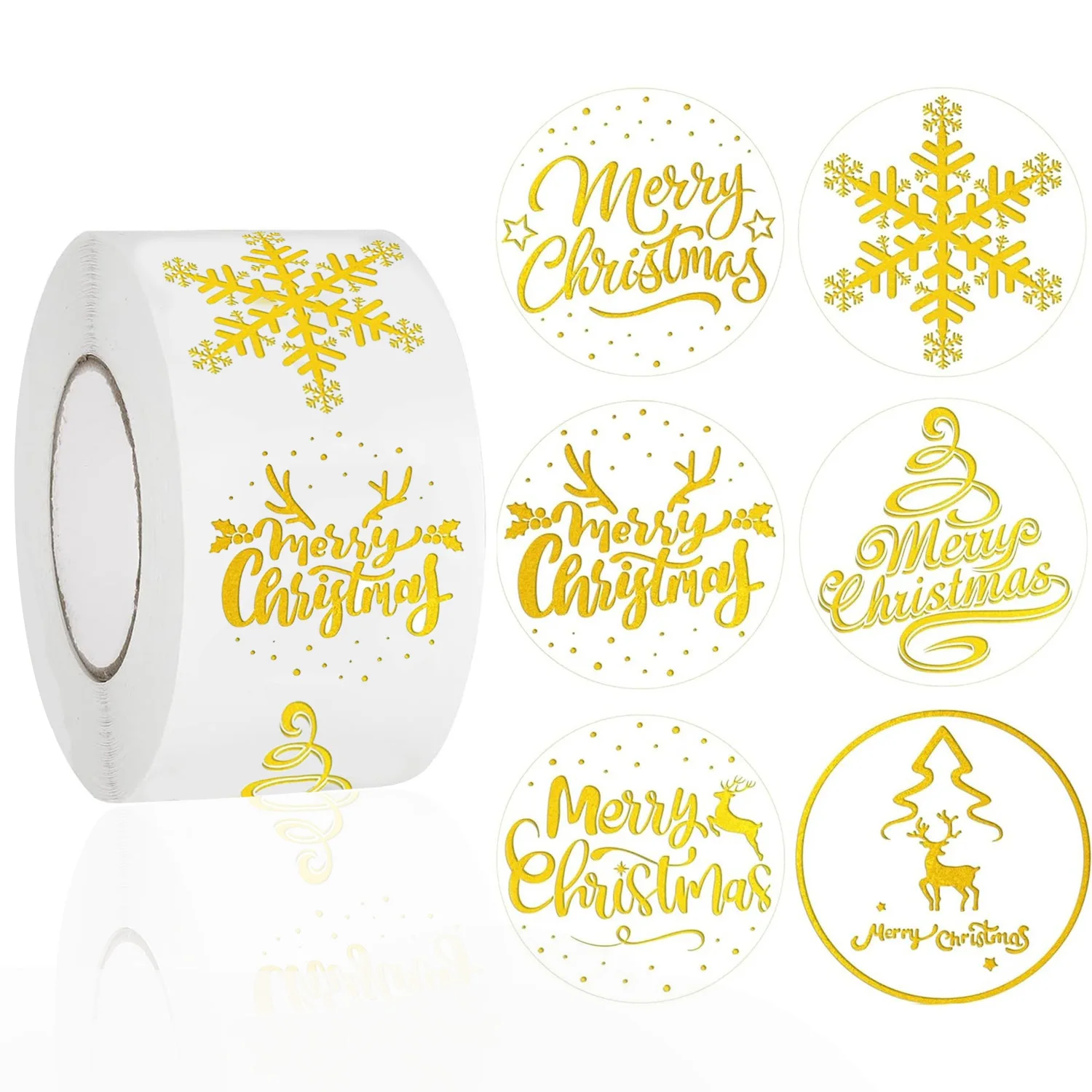 1 Inches/500 Christmas Stickers, 6 Clear Gold Foil Designs Merry Christmas Stickers Snowflake Stickers for Christmas Decorations