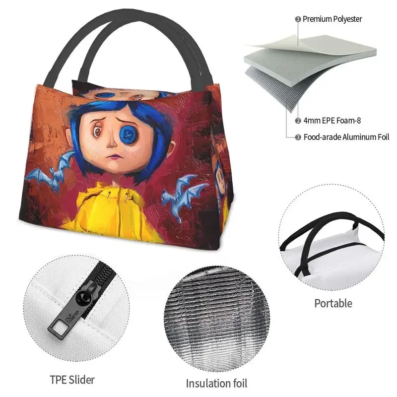 Halloween Horror Movie Coraline Thermal Insulated Lunch Bags Women Resuable Lunch Container for Outdoor Picnic Meal Food Box