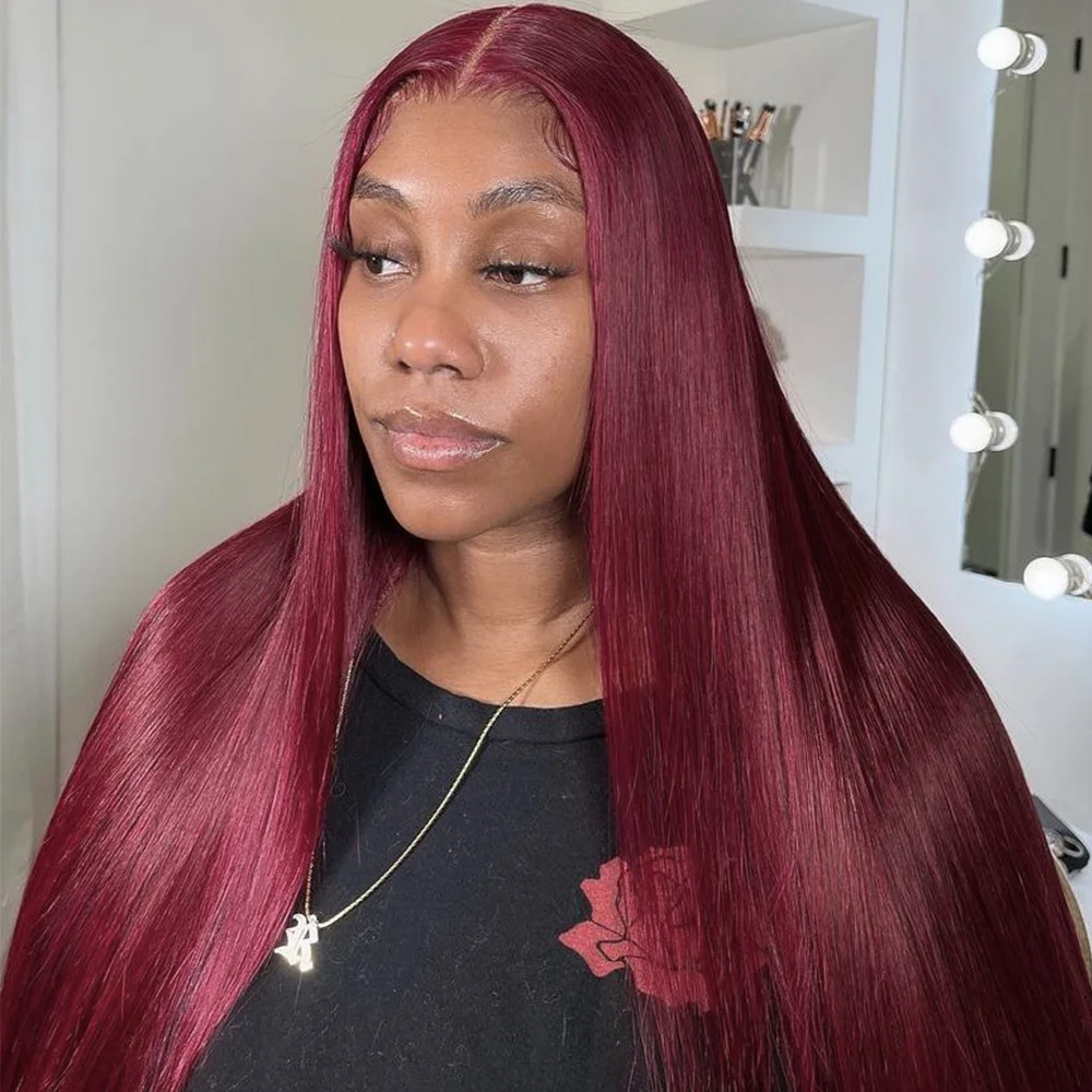 

99J Burgundy Straight 13x4 HD Lace Brazilian Front Wigs Human Hair Wig 250 Density Red Color 4x4 Lace Frontal Wig For Women