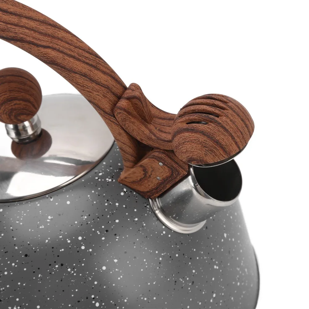 Stainless Steel Whistling Kettle Wooden Anti Heat Handle Pearl White Stovetop Teapot 2.5L Capacity Starry Gray