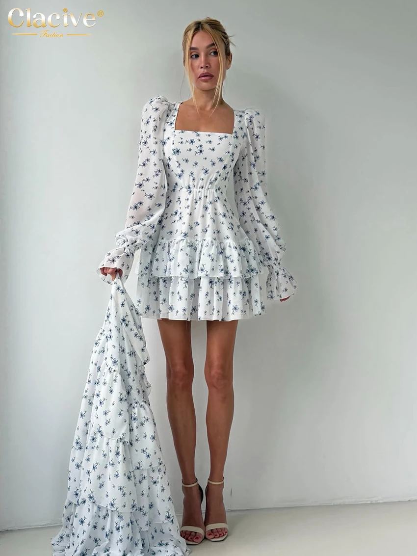 Clacive Fashion Loose Print Women's 2-Piece Sets 2027 Elegant Long Sleeve Dress With High Waist Mini Skirt Set Female Clothes