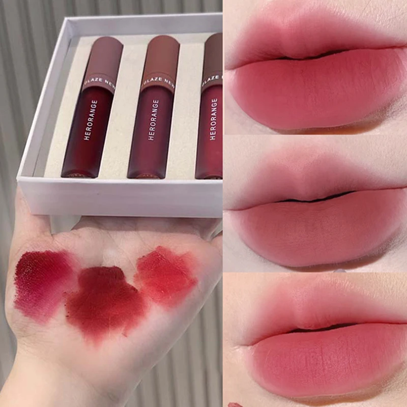 HERORANGE 3 Pezzi/Scatola Rossetto Prodotti di Bellezza Lucidalabbra Vellutato Lunga Durata Colore Intenso Lucidalabbra Opaco Trucco Labbra