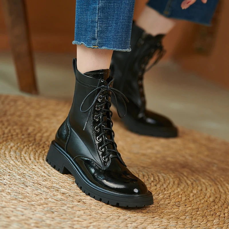 2024 New Genuine Leather Winter ZIP Stretch Women Boots Fashion Round Toe Chunky Heel ANKLE Boots Platform Shoes Women Shoes