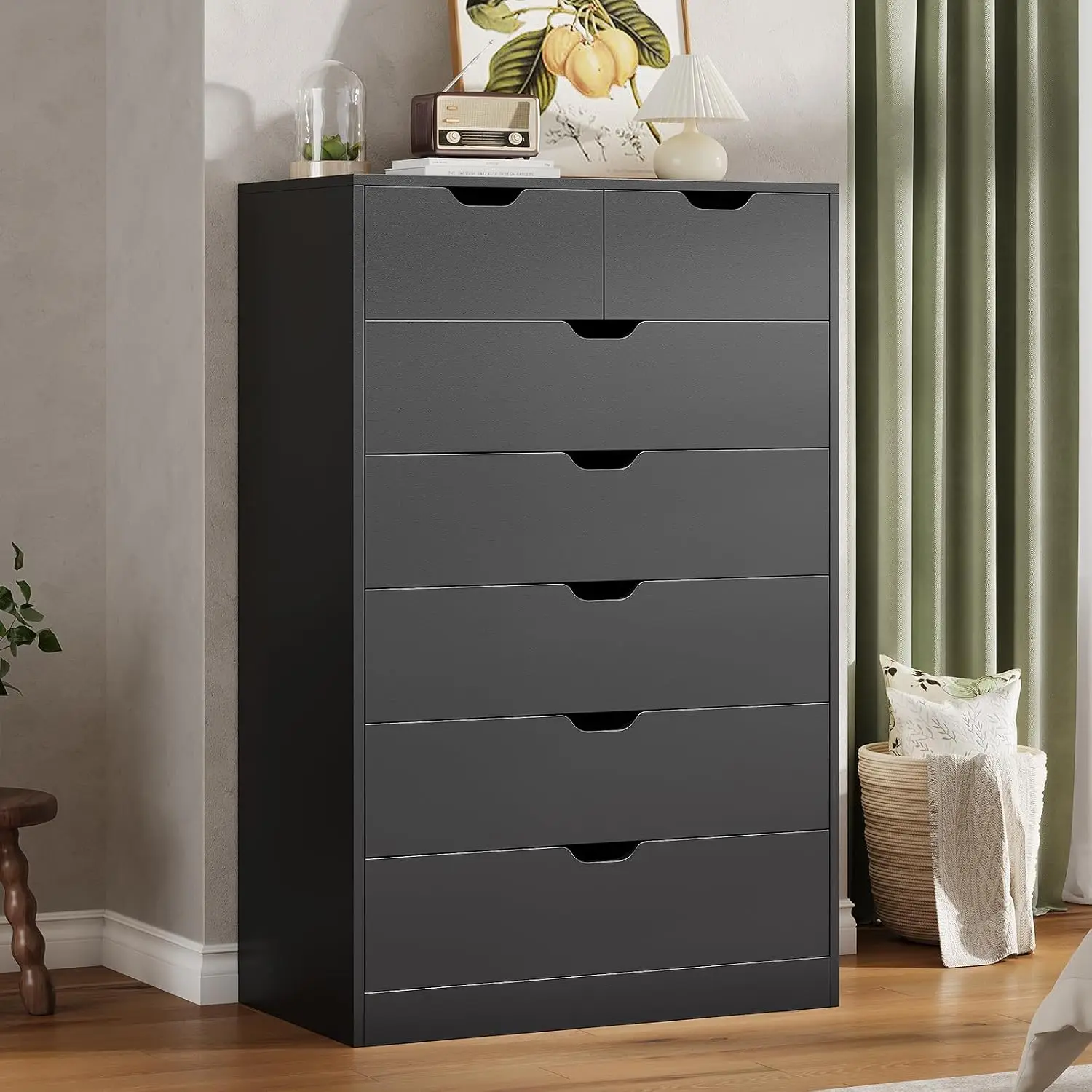 Tall 7 Drawer Dresser, Black Modern Chest of Drawers