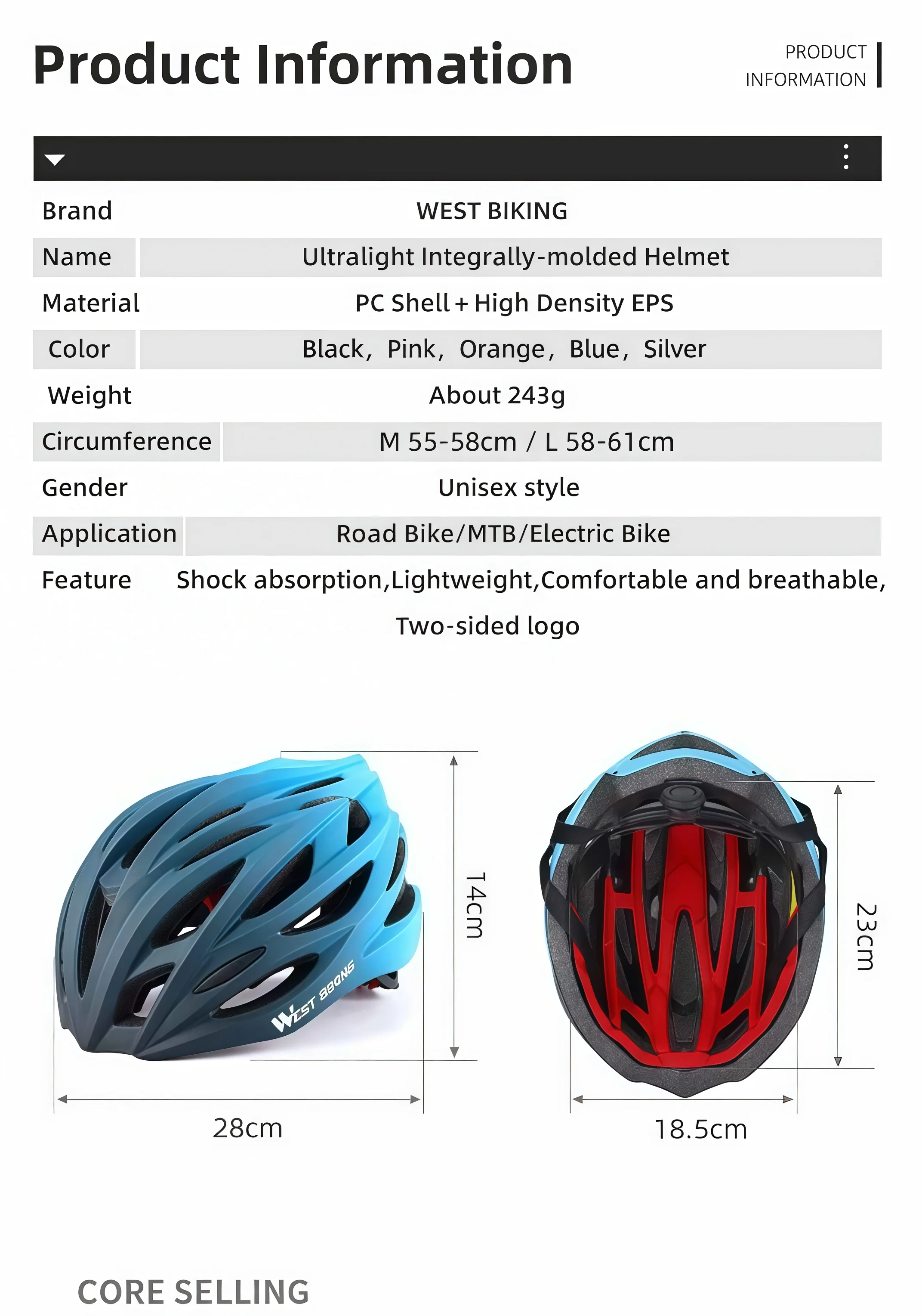 WEST BIKING Fahrradhelm Ultraleicht Integral Geformt 28 Belüftungsöffnungen Farbverlauf Verstellbare Größe M L Rennrad MTB Fahrradhelm Unisex – Detail 2