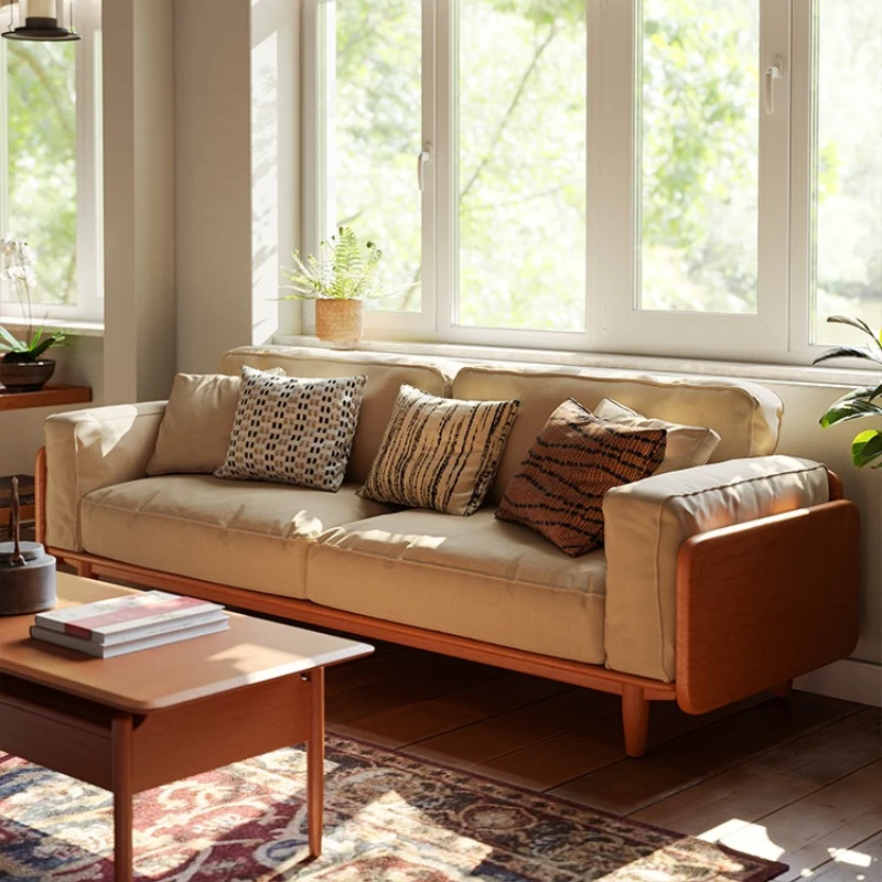 

Solid wood sofa living room small apartment modern simple straight row fabric sofa Nordic log style