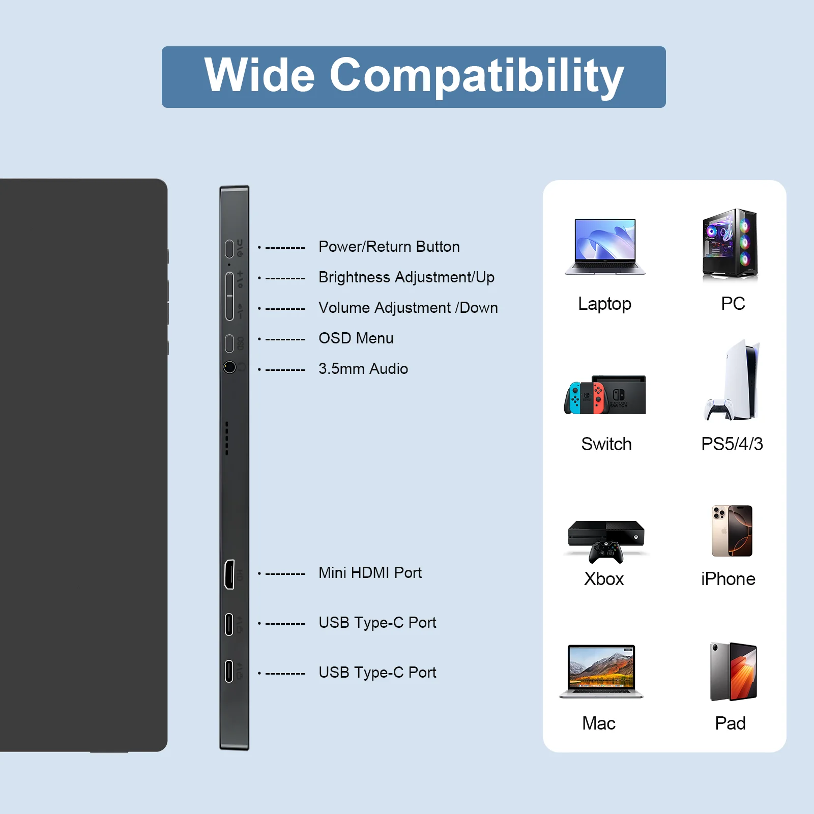 Unew Monitor para juegos LCD IPS de 15,6 pulgadas, 1920x1080, pantalla portátil delgada para interruptor de ordenador portátil Xbox Raspberry Pi