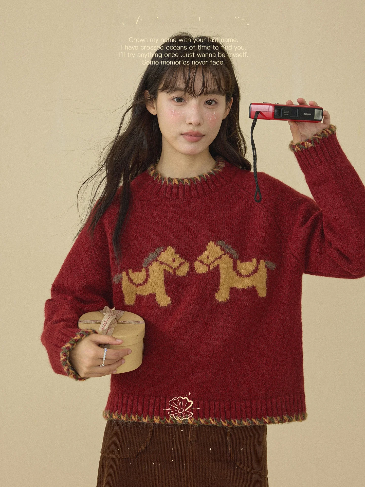 

Red Knitted Sweater Women's Retro Sle Loose Fit Long Sve round Ne Pullover Cisas New Year's Celebration Faion