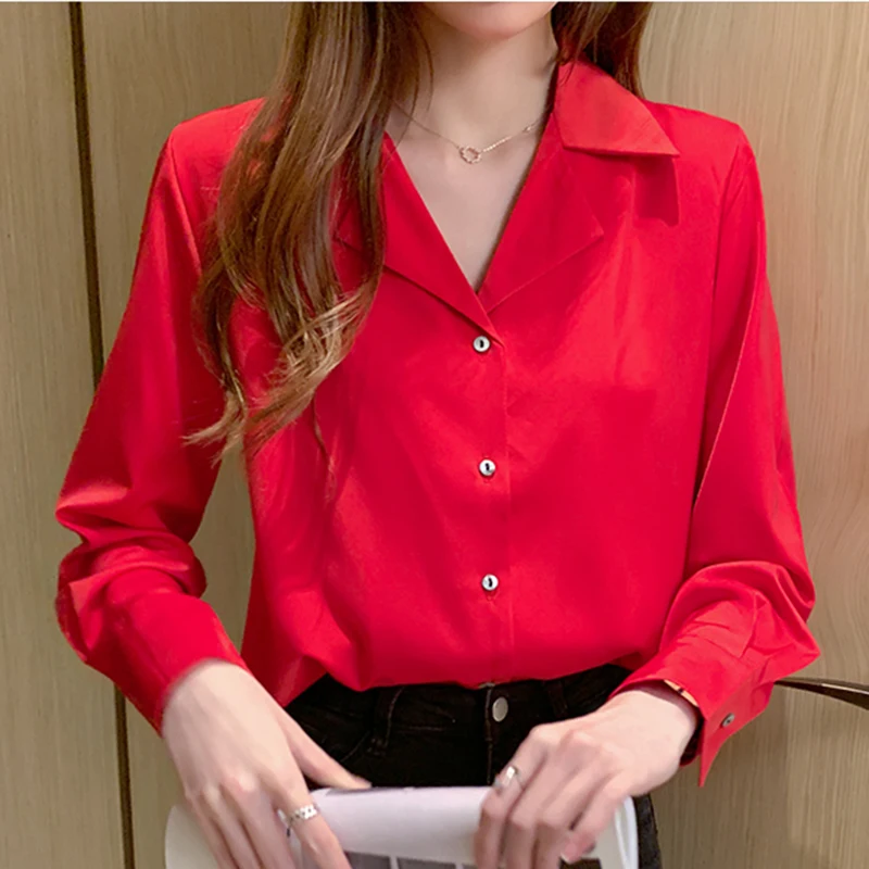 Women Shirts Silk Women Blouses Office Lady Satin White Shirt Woman Clothes Long Sleeve Blouse Notched Collar Casual Ladies Tops