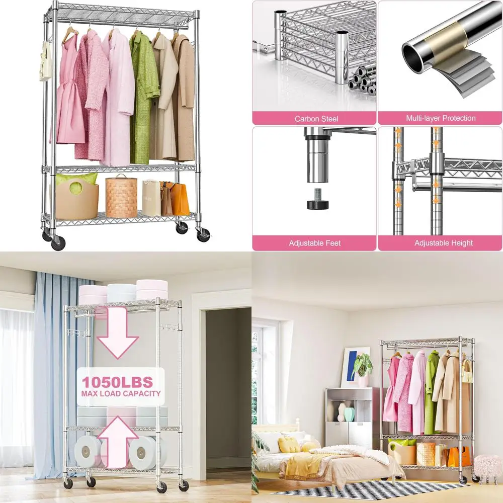 

Регулируемая трехъярусная сверхпрочная вешалка для одежды со стержнем и боковыми крючками для хранения и организации одежды