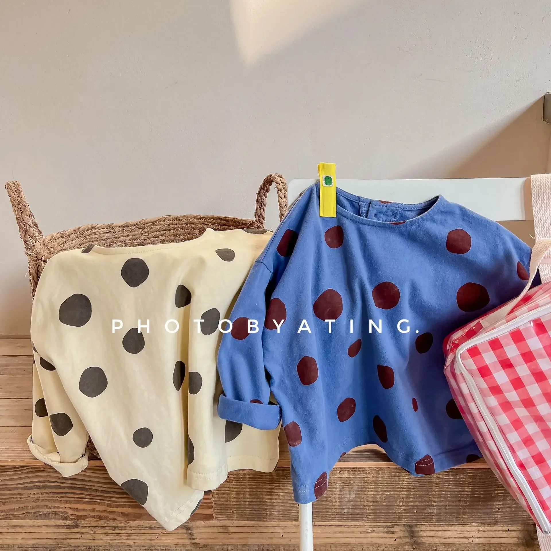 Soft Cotton Kids Tee, Long Sleeve Round Neck Undershirt For Spring Autumn, Korean Style Dot Print Layering Top