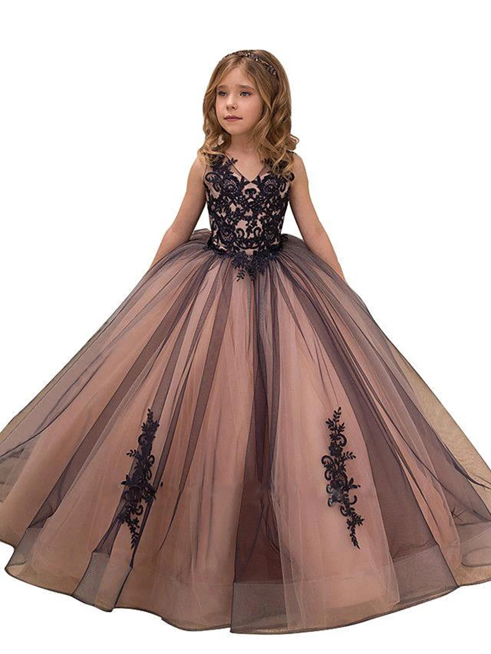 Robe de demoiselle d'honneur en tulle pour petites filles, appliques noires, princesse de reconstitution historique, robe de fête d'anniversaire, robe de première communion