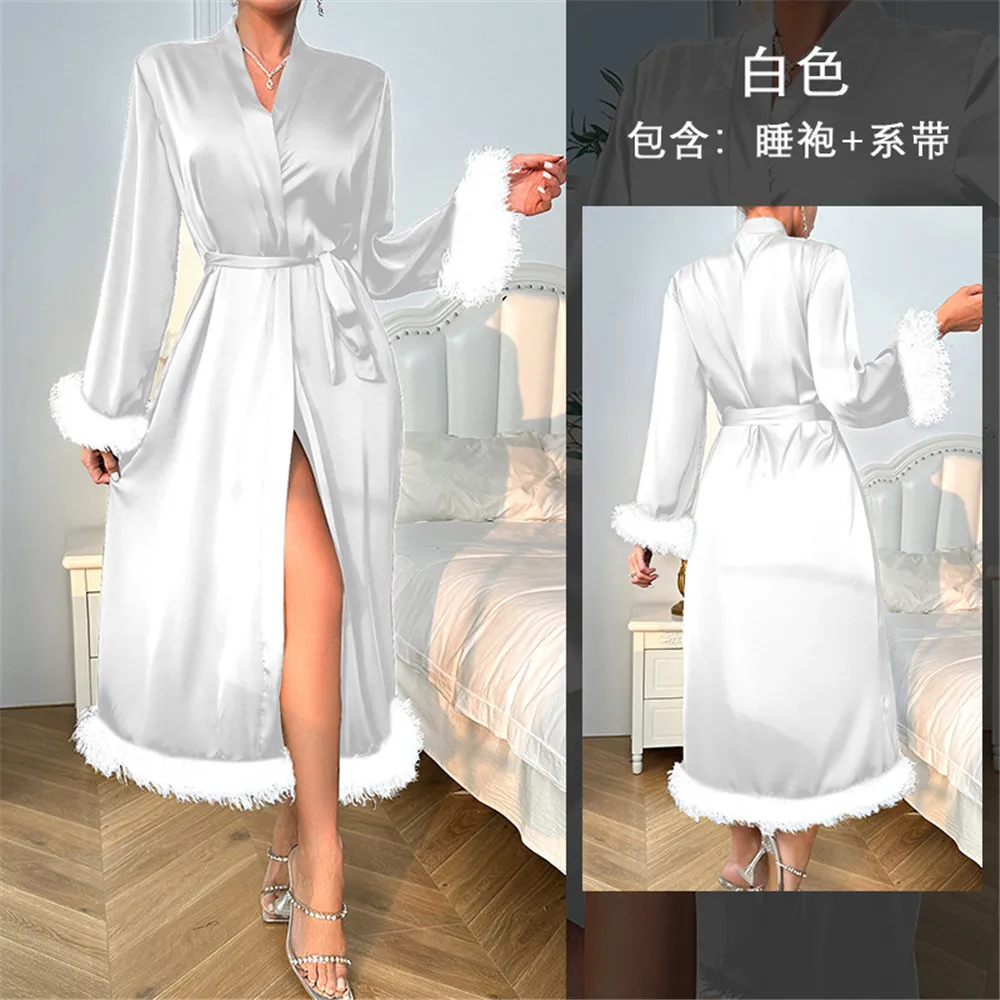 ريشة الكفة تقليم طويل كيمونو البشكير ثوب العروس حفل زفاف الجلباب وصمة عار الحرير الملابس الداخلية إهمال ملابس المنزل