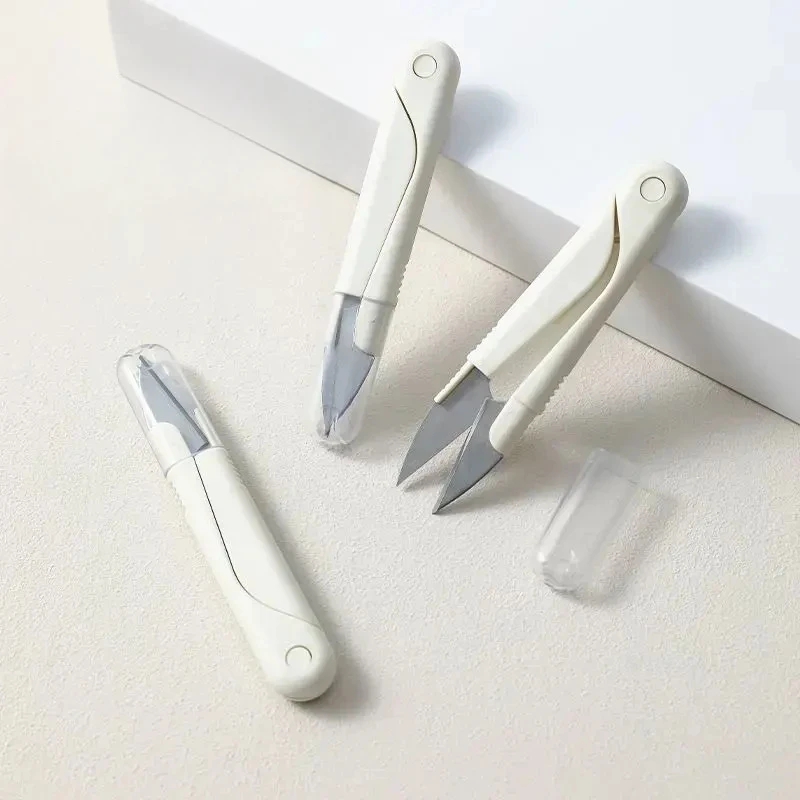 1Pc INS White Simple Spring Thread Clippers with Lid Foldable Home Portable Tailor's Scissors Sewing Embroidery Fabric Cutter