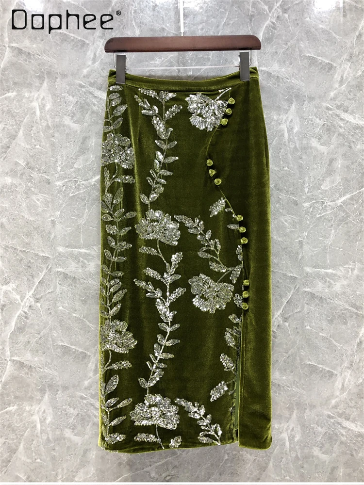 

Retro Green Velvet Split Skirt Women Sequin Floral Heavy Industry High Waist A Line Long Dress Elegant Mid Length Skirt Fashion