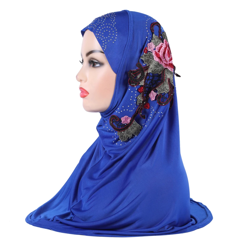 H317 حجاب إسلامي جميل للفتيات مع تطريز من الدانتيل وشاح إسلامي شال حجاب قبعة أرميا سحب على التفاف هدية رمضان