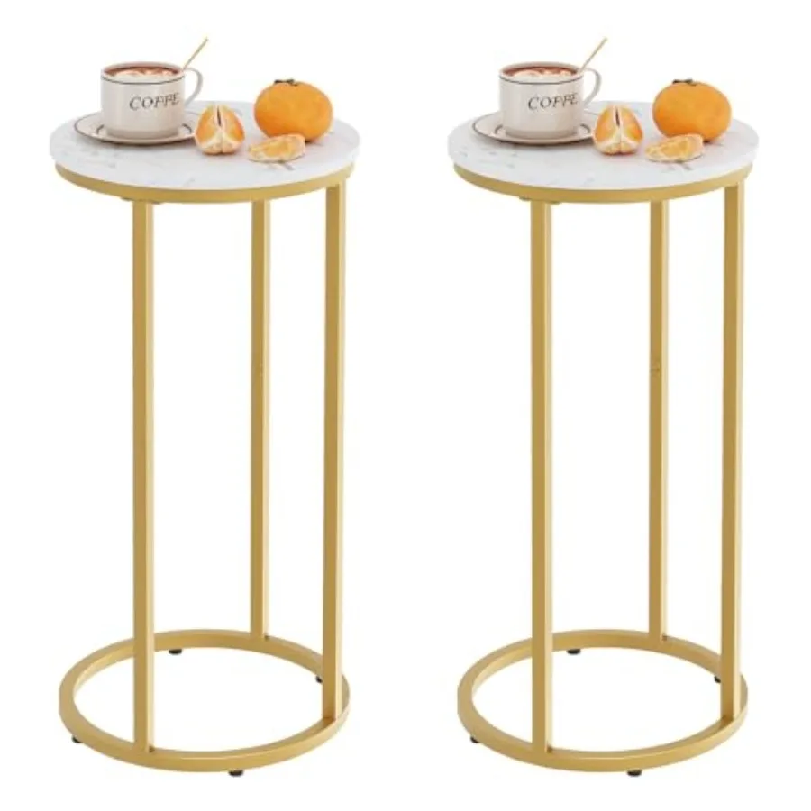 

C Shaped End Table, Couch Side Tables for Living Room, Round Sofa End Table with Metal Frame, Small Wooden Snack Table for Bedr