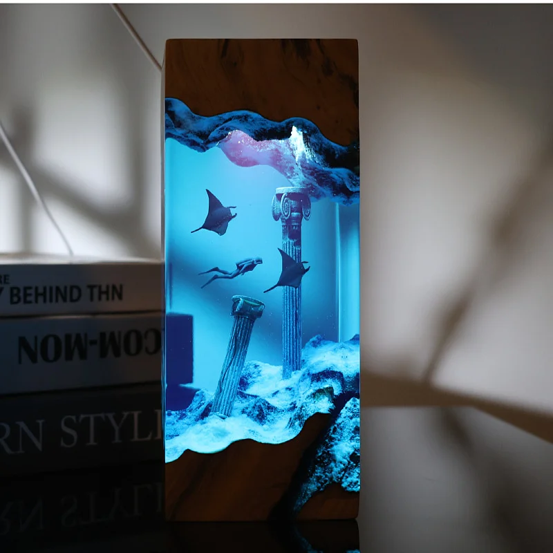 New Modern Style Resin Handicraft Desktop Ornament Whale Devil Ray Solid Wood Luminous Base Living Room Bedroom Home Decoration
