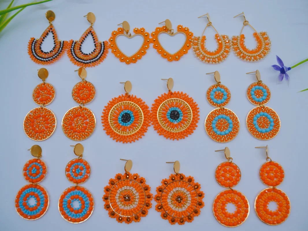 Beaded earrings Roundness Orange Sunflower Individuality Bohemia Hollow out Fashion Hand knitting Simple  Rice bead earrings