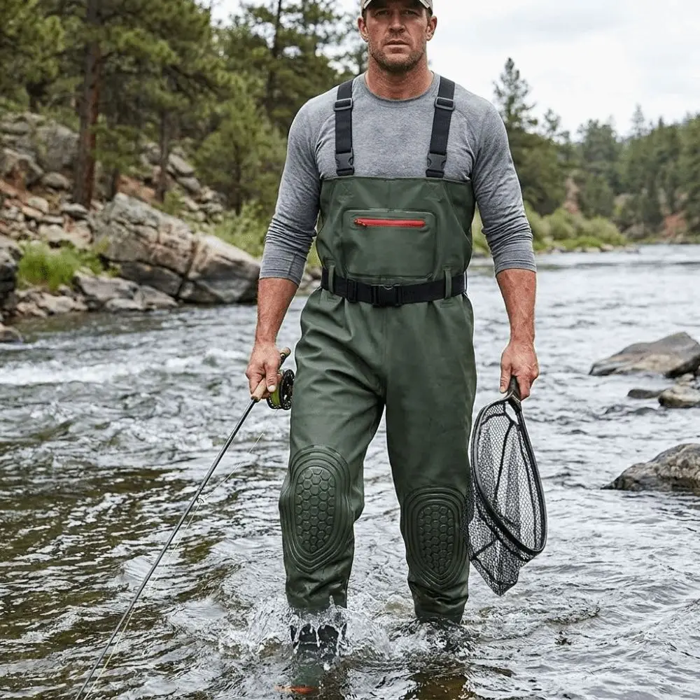 Durable PVC Fishing Waders Suit Thicken Adjustable Waterproof Overalls with Boot Double Knee Pads Wader Pants Outdoor Fishing