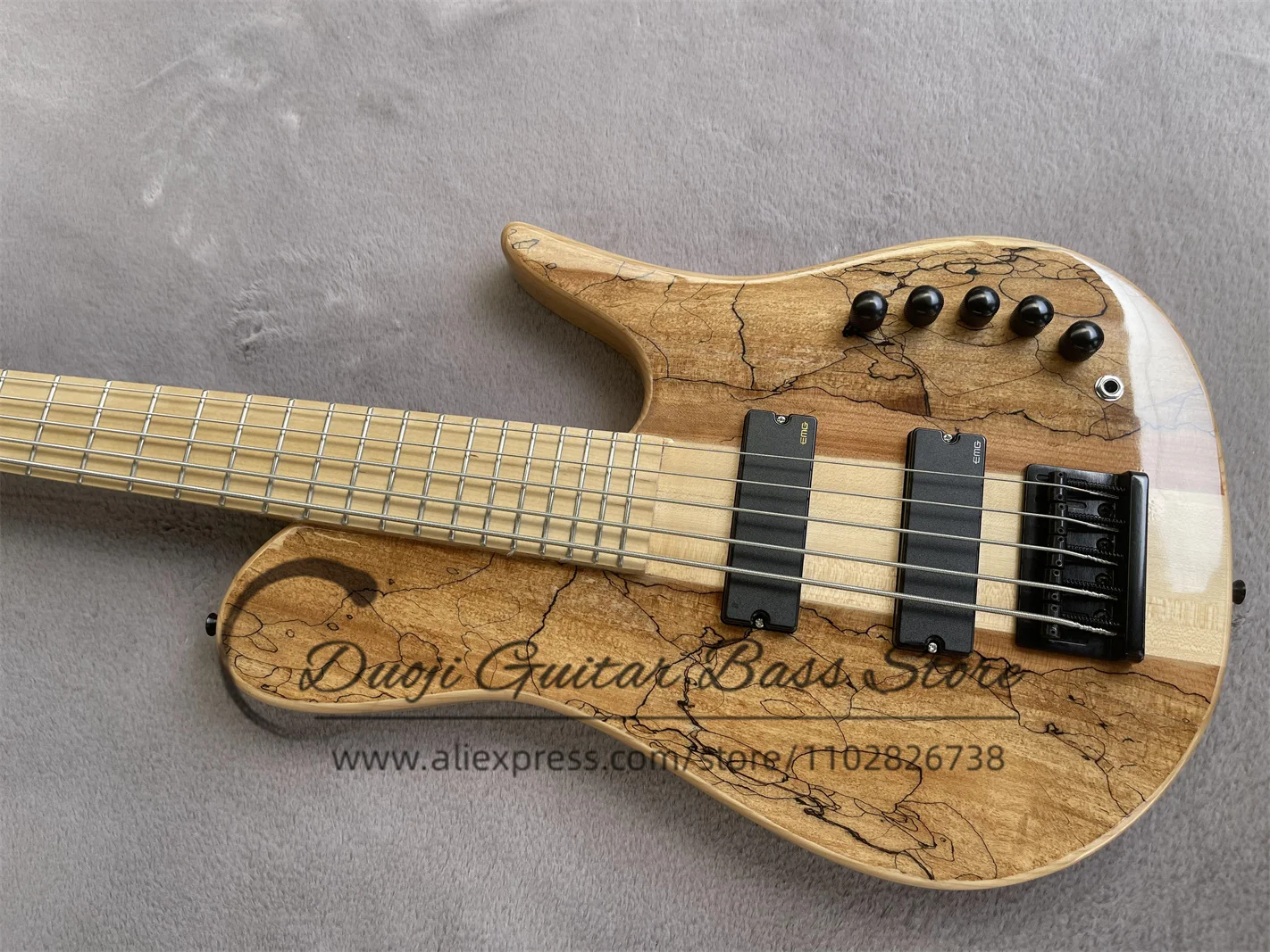 5 String Bass Guitar Ash wood body Spalted Maple Top Maple Neck Active Battery Black Bridge Fod Bass