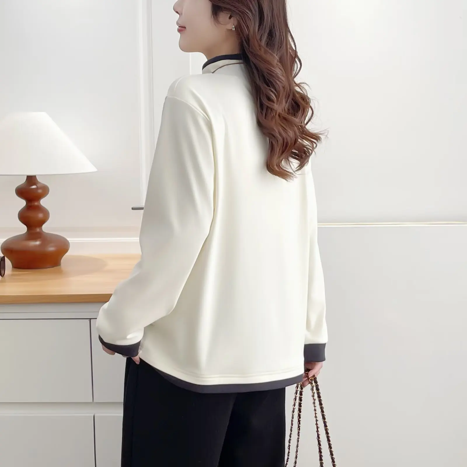 XXXXL موضة حجم كبير المرأة تي شيرت الخريف الشتاء بسيط عادية اللون كتلة الوجهين DE المخملية الدافئة بلوزات بأكمام طويلة #2