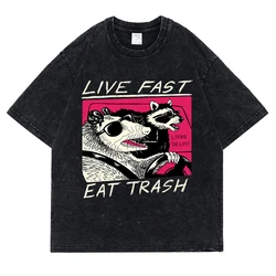 Live Fast Eat Trash Printing Washed Retro Snow T Shirts Men Fashion Summer Hip Hop Clothes Cotton T Shirts O-Neck Oversized Tops