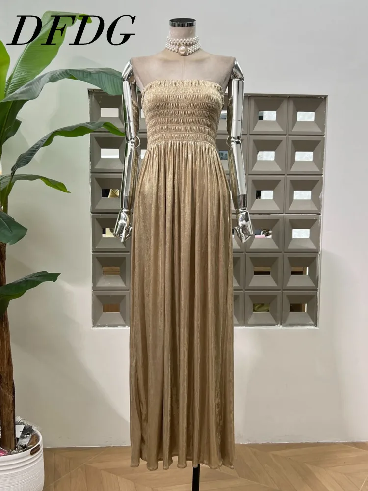 DFDG Women’s 2025 Summer Elegant Evening Dress Smocked Bustier A-Line Maxi Designer Party Gown Luxury Formal Attire Dress