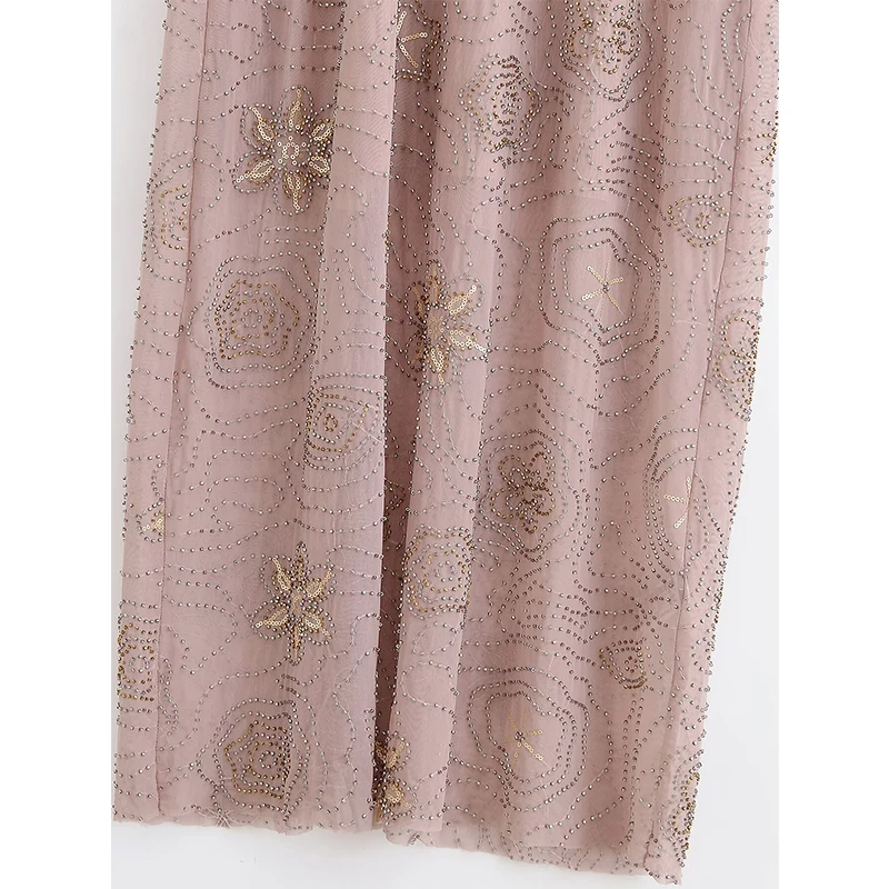 YENKYE nuevas mujeres Sexy semitransparente cuentas lentejuelas Vestidos sin mangas moda sin espalda cintura alta cuello en V vestido de verano Midi Vestidos