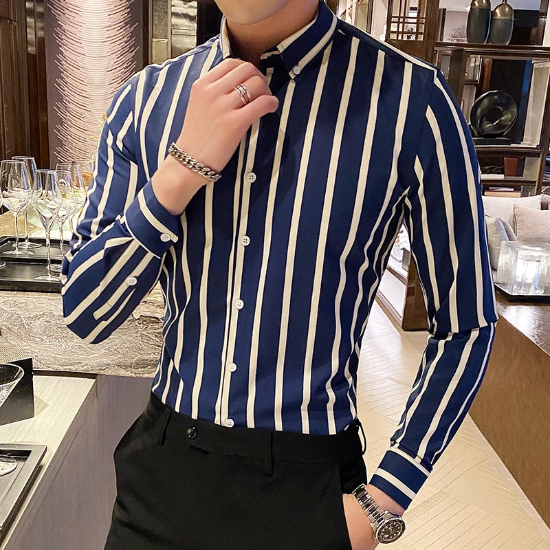 Spring 2024 New Fashion Casual Business Wedding Trend Classic Striped Men\'s Long-sleeved Shirt   Shirt for Men