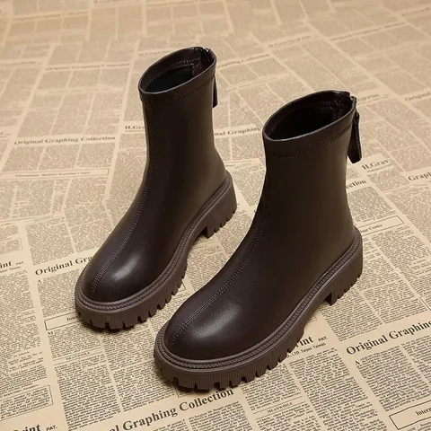 Женские ботинки челси, модные короткие ботильоны с круглым носком, женская элегантная обувь на квадратном каблуке, зимняя женская обувь из мягкой кожи2024
