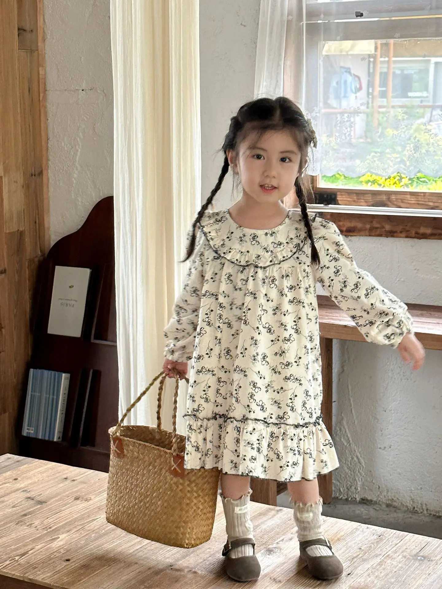 

Girl Dress Spring Autumn 2024 New Floral Cotton Long Sleeves Baby Princess Skirt Casual Simple Fashion Loose Sweet Cute Vintage