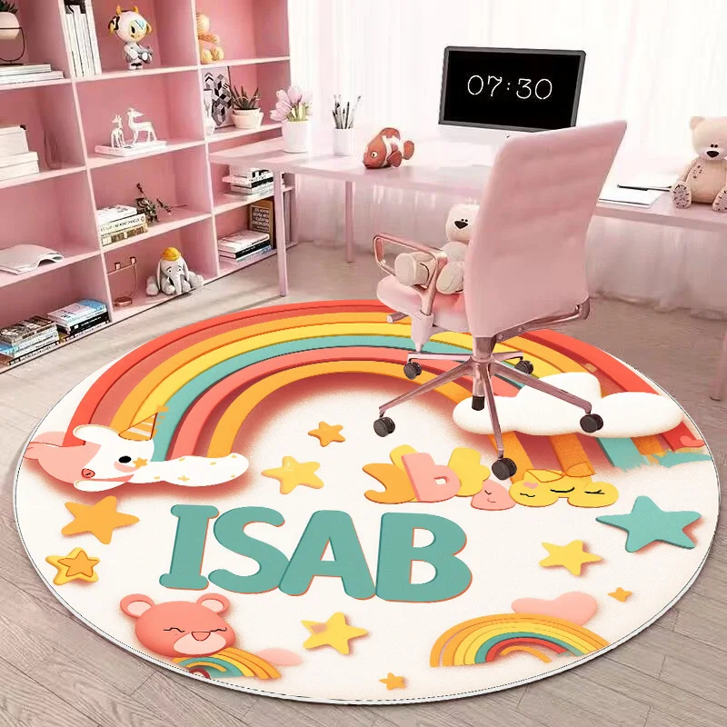 Rainbow Cartoon Round Carpet Home Bedroom Bedside Children's Room Cute Letters Thickened Plush Rugs Non-slip Mat Customizable